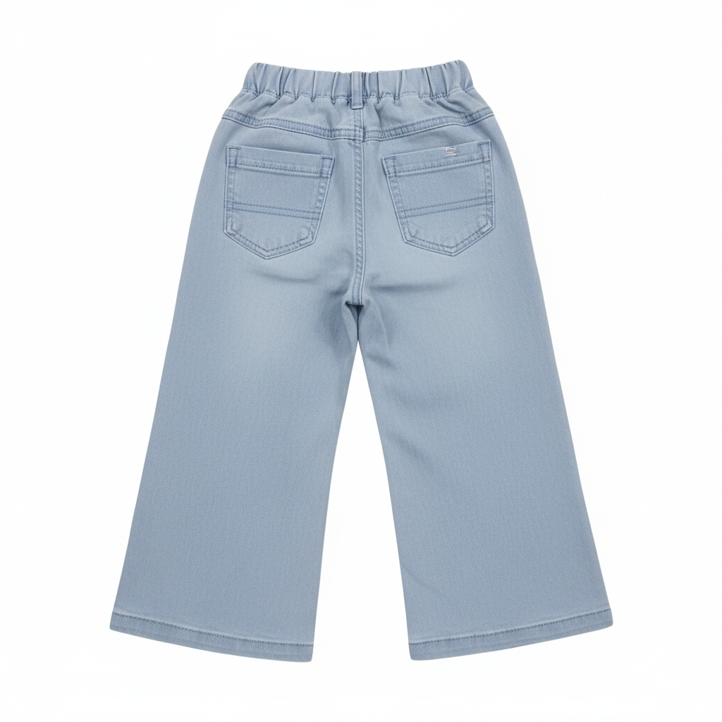 Light Blue Wide-Leg Girls Jeans - Elastic Waist with Drawstring