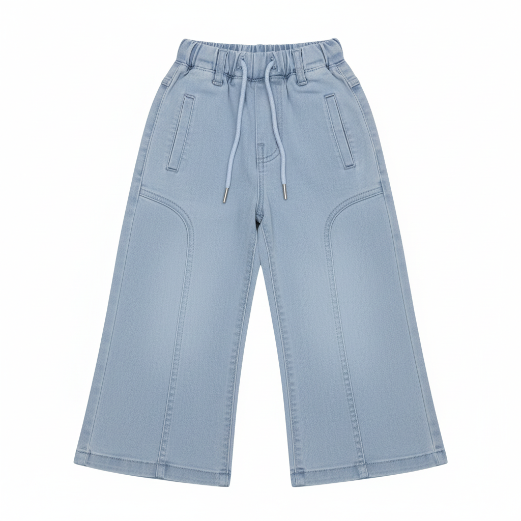 Light Blue Wide-Leg Girls Jeans - Elastic Waist with Drawstring