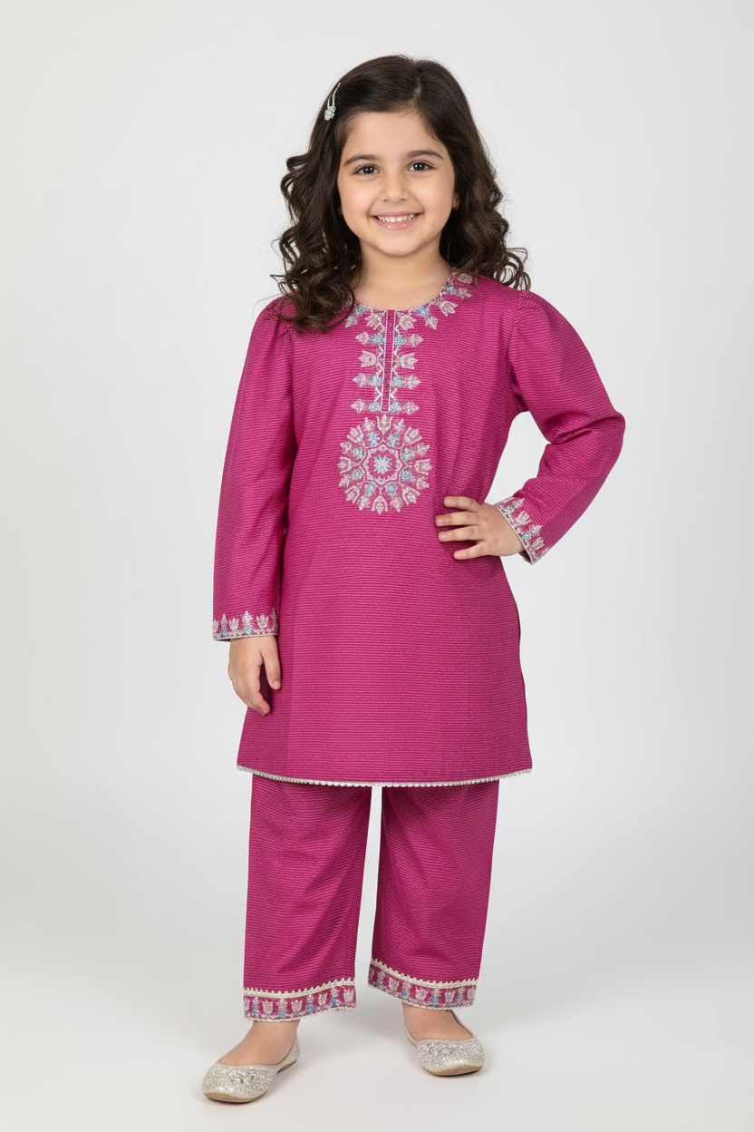 Girls Embroidered Masoori Lawn Suit - Magenta Pink | Eid Collection