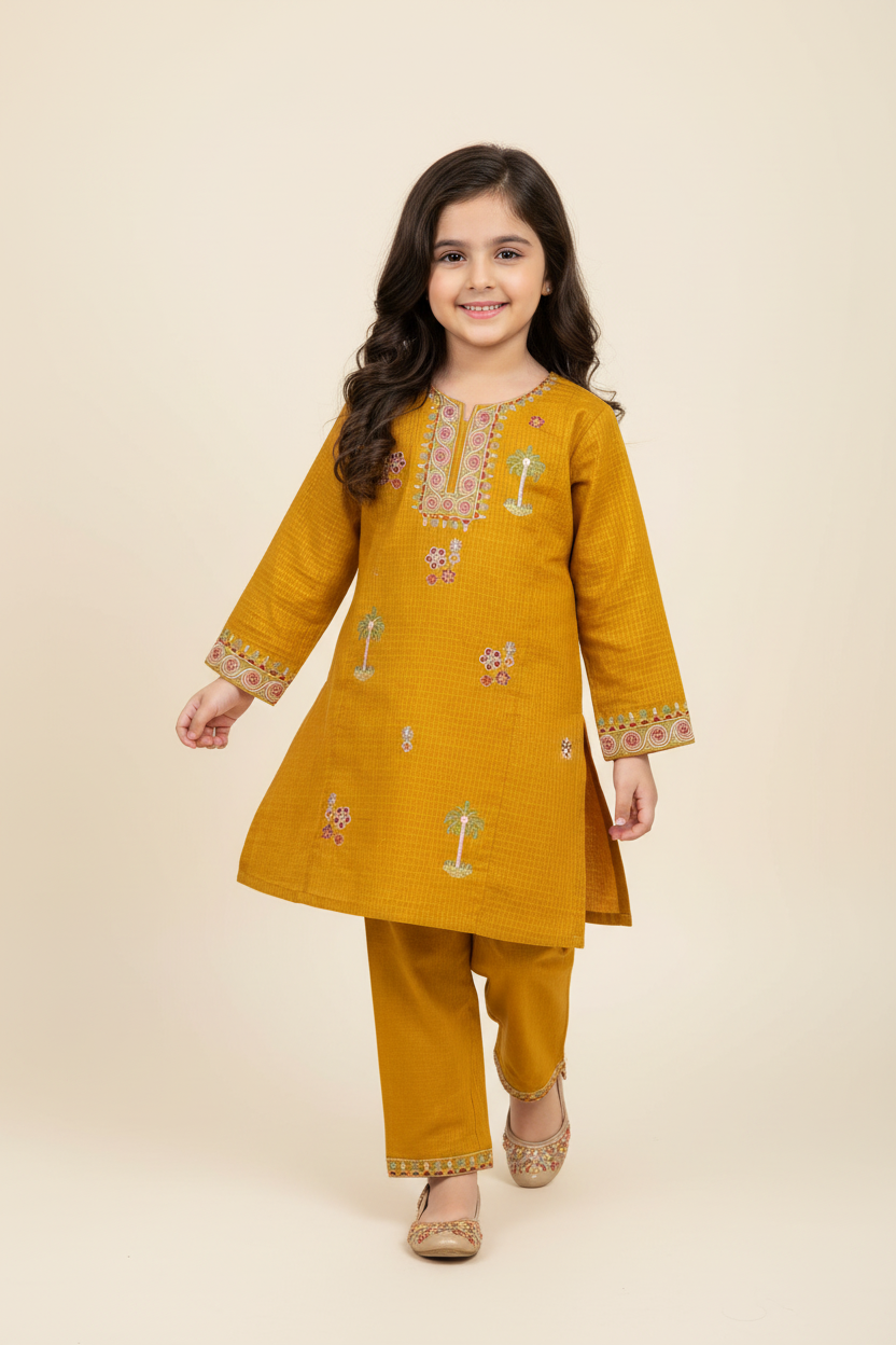 Girls Embroidered Lawn Suit - Mustard Yellow | Eid Collection