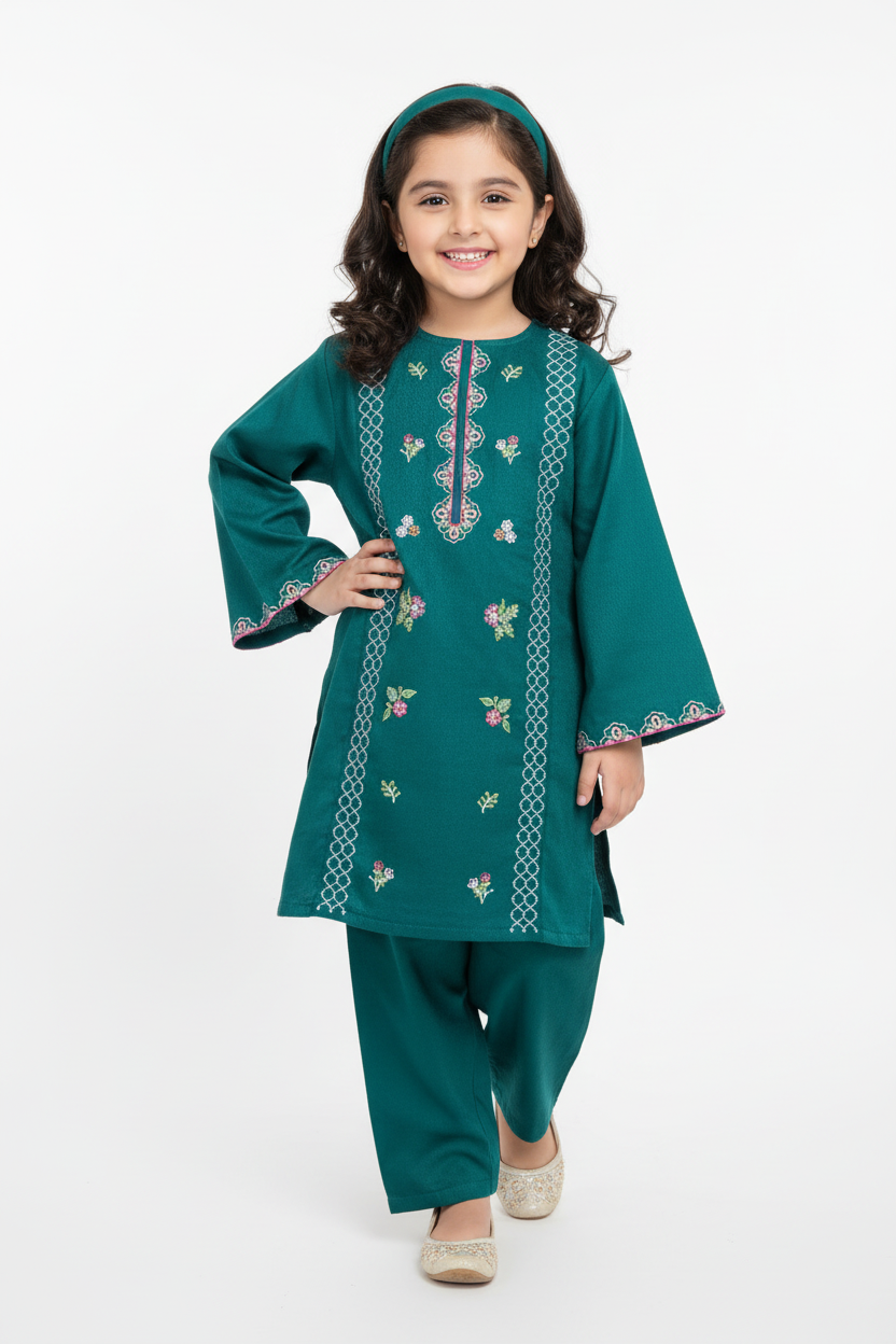 Girls Embroidered Jacquard Lawn Suit - Teal Green | Eid Collection