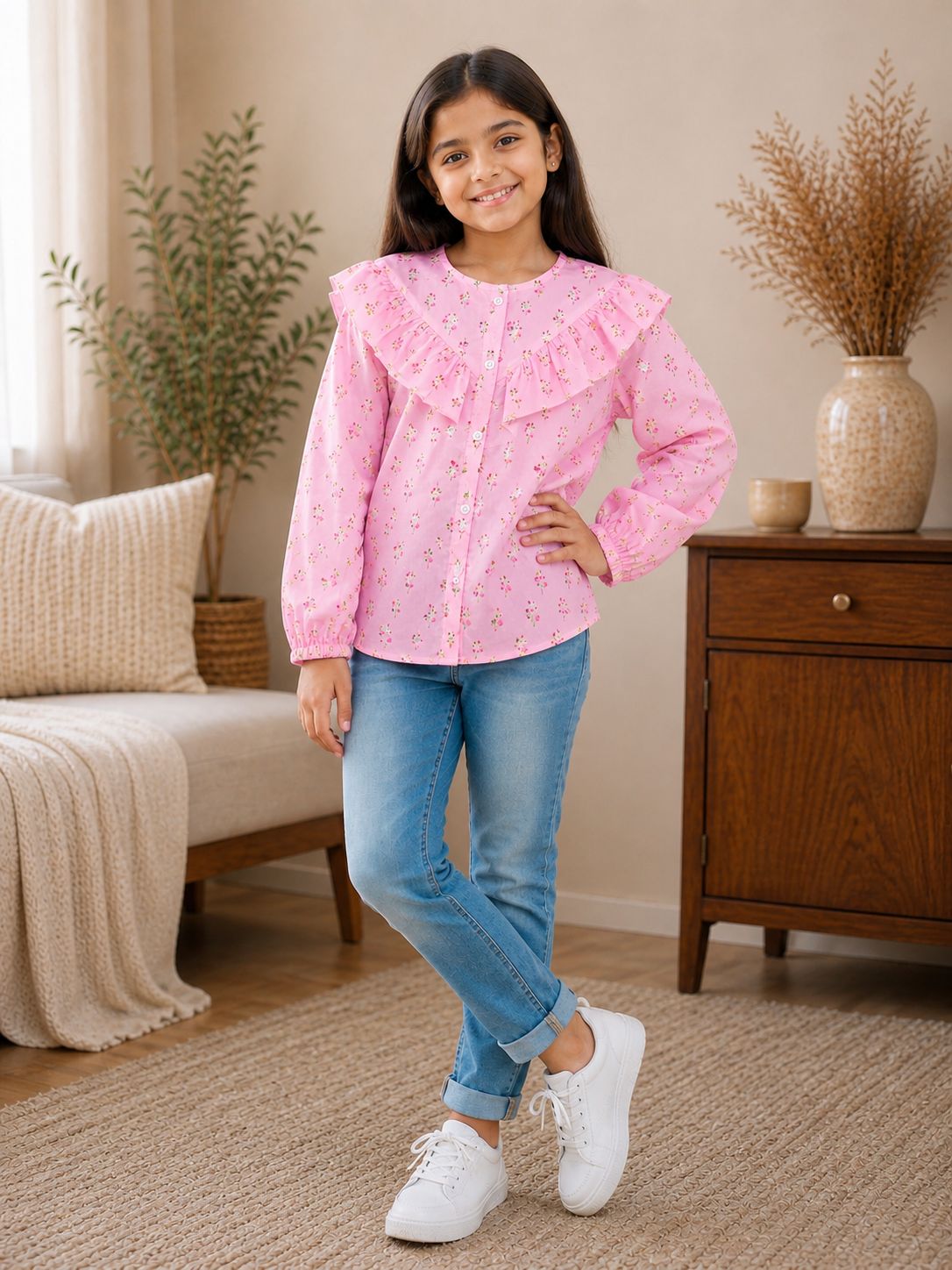 Girls’ Printed Floral Ruffle Top (Pink)