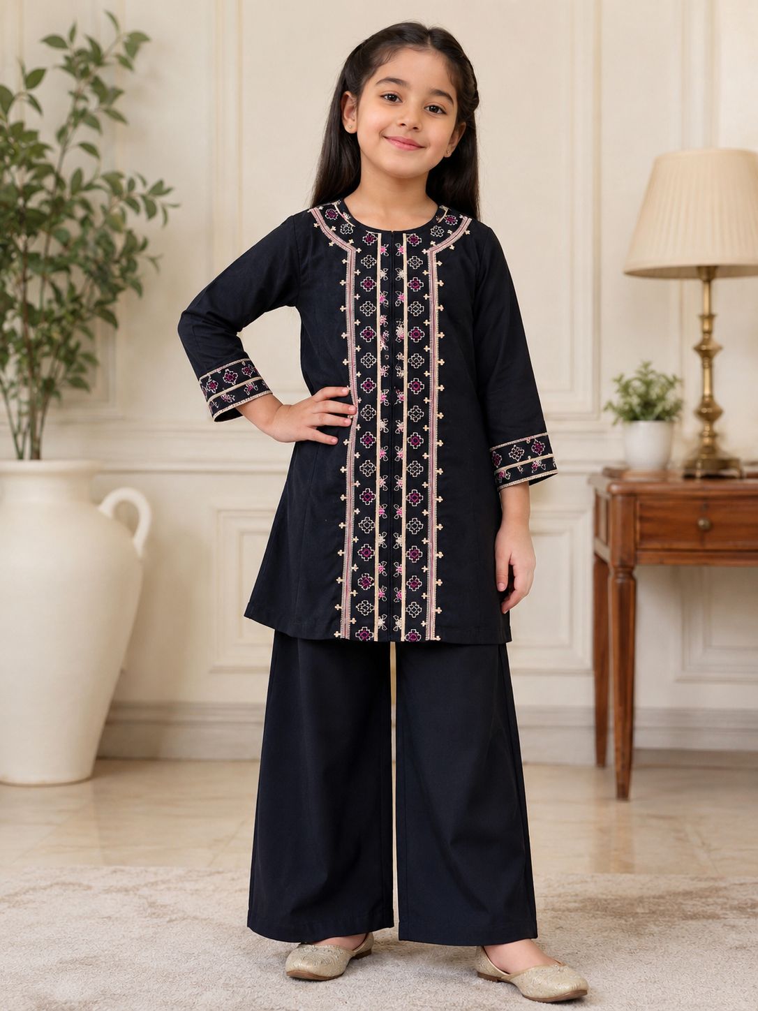 Black Embroidered Panel Kurta with  Trouser - Girls Eastern Wear