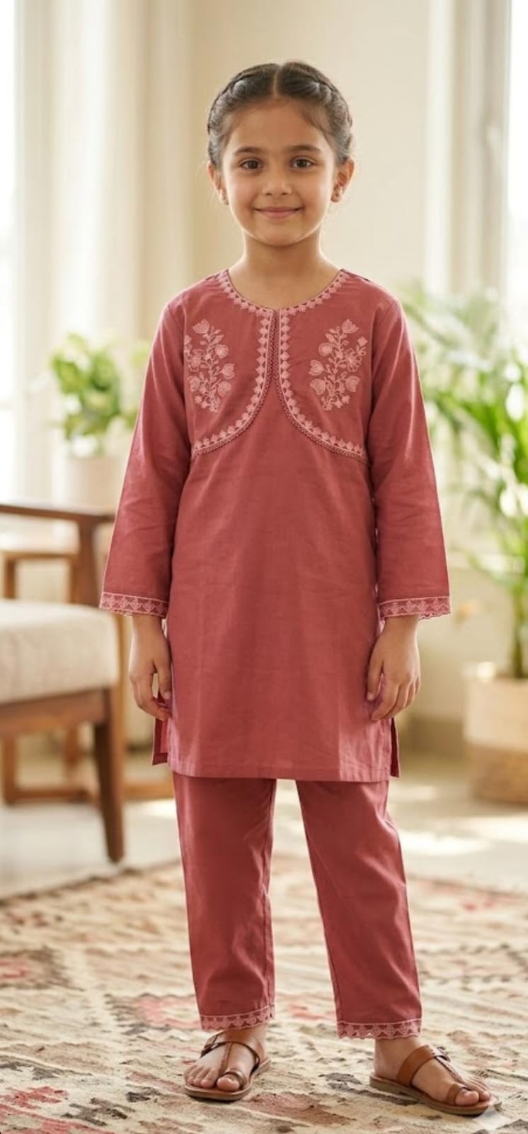 Rose Pink Embroidered Jacket Style Kurti & Trouser Set | Eid Collection