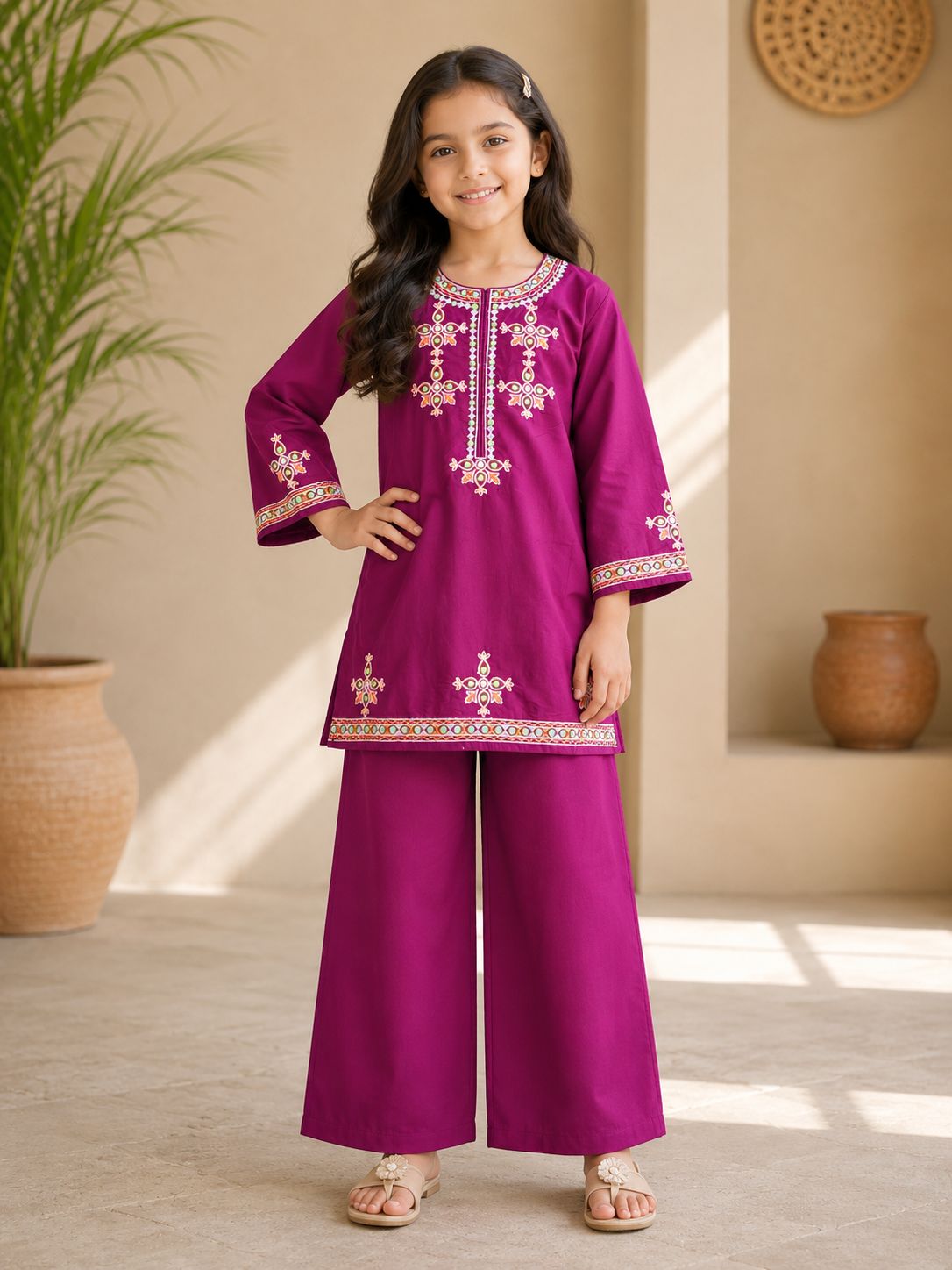 Magenta Bloom Embroidered 2-Piece Kurta & Wide-Leg Trouser Set - Eid Collection
